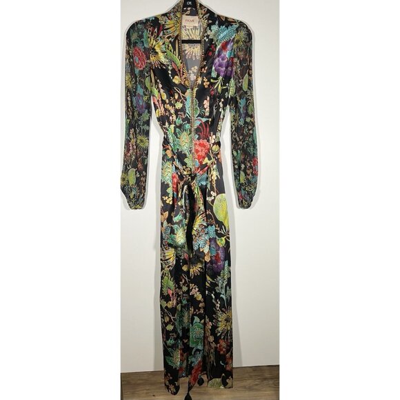 FIGUE Solana maxi silk floral designer dress XS chiffon sleeves beaded resort - Picture 5 of 15